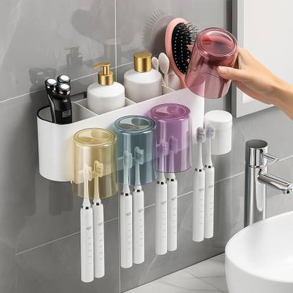 FLASHKITCH Wall Mounted Toothbrush Holder Modern Plastic Storage Rack|Multi-Slot Organizer Plastic Toothbrush Holder