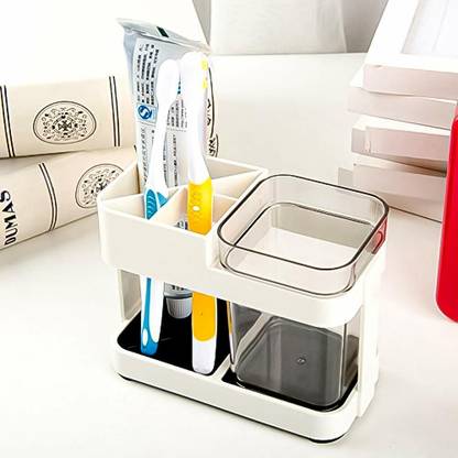 Viradiya's 1 Cup Plastic Toothbrush Holder Toothpaste Stand Bathroom Storage Organizer With 4 Slots for Toothbrushes Shaving kit Plastic Toothbrush Holder
