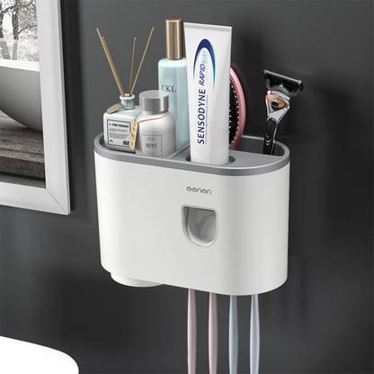 MAYCREATE Toothbrush Holder with Toothpaste Dispenser Wall Mounted Bathroom Organizer Set Plastic Toothbrush Holder