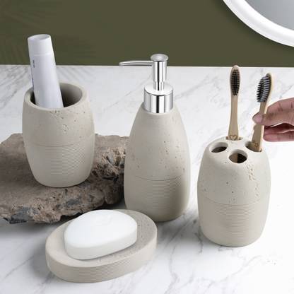 Plantex Bathroom Set Soap Dispenser/Toothbrush Holder/Soap Dish - 4 Piece Stoneware Toothbrush Holder