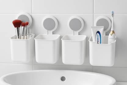 QUPSY Self Adhesive Bathroom Organizer for Toothpaste, Razors, Makeup Brushes Holder Plastic Toothbrush Holder