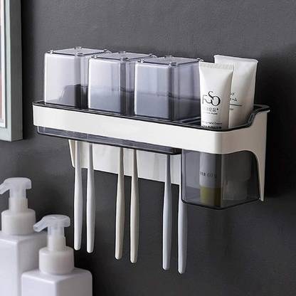 axiesh Toothbrush Holder with Automatic Toothpaste Dispenser, Multi Space Saving Toothbrush Organizer with Cups, Brush Slots No Drill Need Plastic Toothbrush Holder