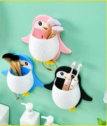 HELOVIA Penguin Toothbrush Holder Self Adhesive Brush Stand/Pen Holder/Kitchen/Bedroom Plastic Toothbrush Holder