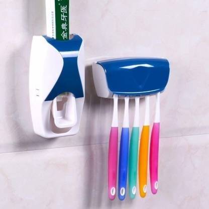 ESCODEVELOPER Plastic Automatic Hands-Free Wall Mounted Toothpaste Dispenser Squeezer Plastic Toothbrush Holder