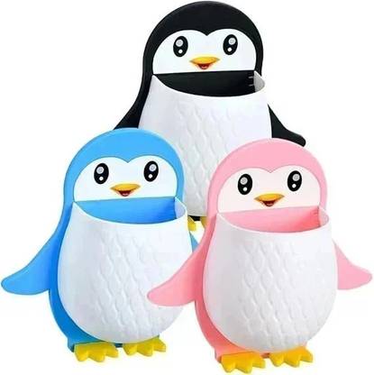 PYORIT Penguin Toothbrush Holder/Brush Stand/Pen Holder/Kitchen/Bedroom 3 pc Plastic Toothbrush Holder  (Multicolor, Wall Mount)