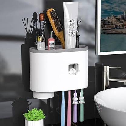 MAGHROLA Automatic Toothpaste Dispenser for Bathroom Magnetic 1Cups 4 Brush Slots Plastic Toothbrush Holder