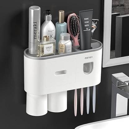 Nuvex Toothbrush Holder Automatic Toothpaste Dispenser Magnetic Cup & Storage Rack Plastic Toothbrush Holder