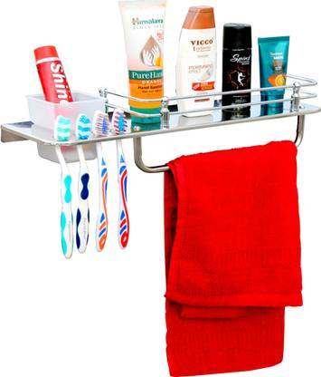 HEXA GOLD HEXA GOLD High Grade Stainless Steel 3 in 1 Multipurpose Bathroom Shelf/Rack/Towel Hanger/Tumbler Holder/Toothbrush Stand for Bathroom/Kitchen Accessories (15 x 5 Inches, Pack Of 1) Stainless Steel Toothbrush Holder (Wall Mount) Stainless Steel Toothbrush Holder