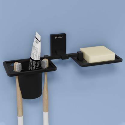 Plantex 2in1 Soap Dish with Tumbler Holder/Soap Stand Bathroom Accessories (Matt Black) Stainless Steel Toothbrush Holder