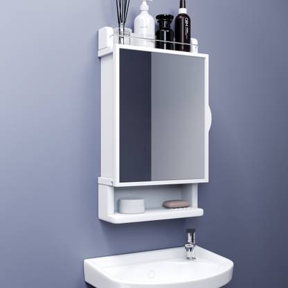 GLOXY Bathroom Wall Mirror Cabinet with Soap/Toothbrush Holder/Rack/Organizer/Storage Plastic Wall Mount Cabinet