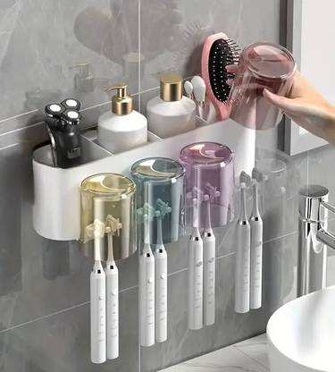 Rudrisha Wall Mounted Toothbrush Holder with 4 Transparent Dustproof Cups Plastic Toothbrush Holder