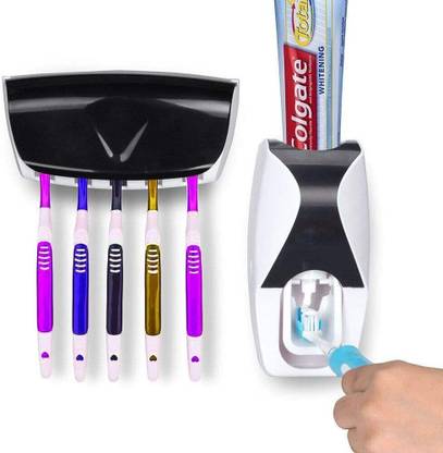 GVJ TRADERS OneTouch Hands Wall Mounted Toothpaste Dispenser Squeezer with Toothbrush Holder Toothbrush Sanitizer