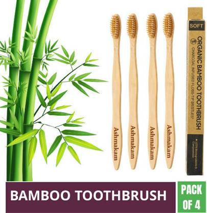 Ashmakam 4 Pcs Wooden Bamboo Toothbrush Ultra-Soft Charcoal Bristles Plastic-Free Extra Soft Toothbrush