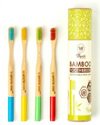 Mystik VINE Round Handle Bamboo Toothbrush for Adults with Activated Charcoal Bristles Soft Toothbrush