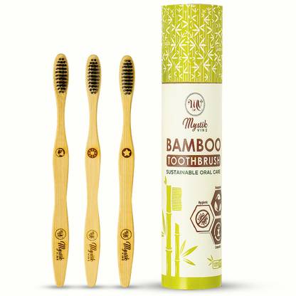 Mystik VINE Bamboo Toothbrush with Charcoal Infused Floss Tip Bristles and 100% Biodegdrable Soft Toothbrush