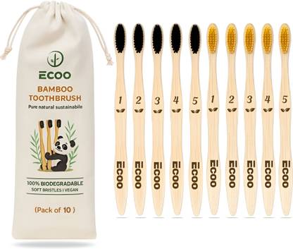 ECOO Bamboo Toothbrush For Adults | Activated Charcoal | Biodegradable Extra Soft Toothbrush