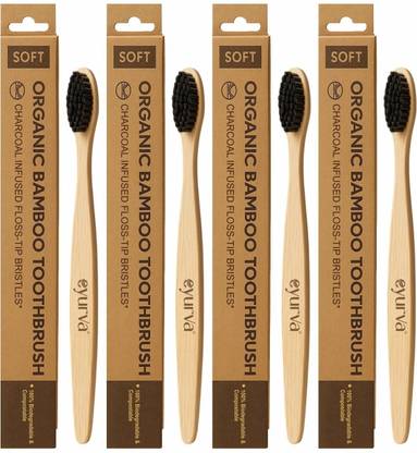 eyurva 4 Pcs organic Bamboo toothbrush | bamboo with charcoal activated bristles Soft Toothbrush