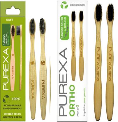 PUREXA Combo Bamboo Charcoal Toothbrush With Orthodontic toothbrush For Braces Extra Soft Toothbrush