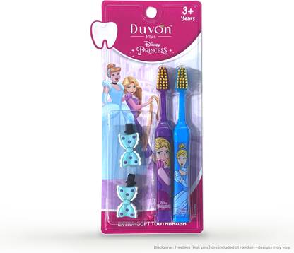 Duvon Plus Disney Princess Toothbrush Set | Tangled & Cinderella | 2 Brushes + 2 Hair Pins Extra Soft Toothbrush