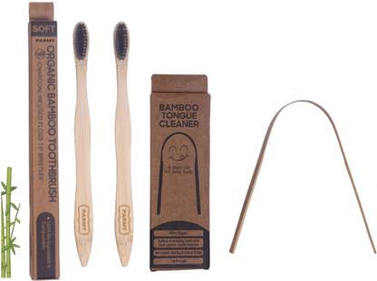 Parmy Bamboo Wood 2 Toothbrush Combo With 1Tongue Cleaner Soft Toothbrush