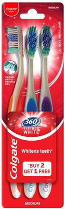 Colgate 360 Visible White Toothbrush - 3Pcs (Buy 2 Get 1) Soft Toothbrush