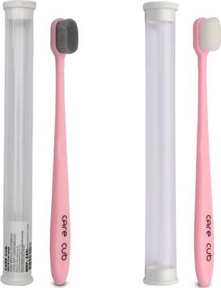 CARE CUB Pink Flat with White & Black Bristle MicroNano Bristle for Sensitive Teth Ultra Soft Toothbrush