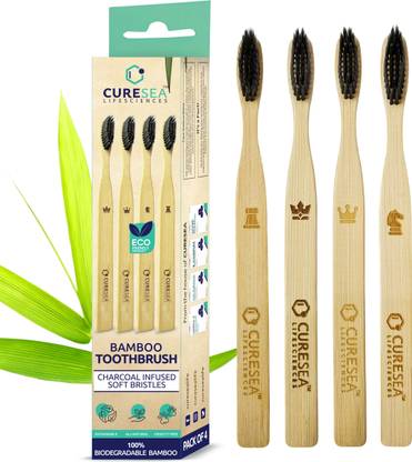 CURESEA LIFESCIENCES 100% Biodegradable Eco-Friendly Bamboo Toothbrush | Charcoal Infused Bristles, Extra Soft Toothbrush