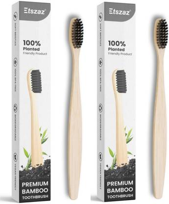 Etszaz Organic Bamboo Toothbrush l Charcoal Activated Soft Bristles Extra Soft Toothbrush