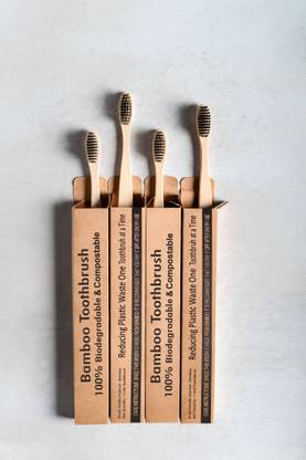 pure nature Bamboo Toothbrush with Charcoal Teeth (Pack Of 4) Extra Soft Toothbrush