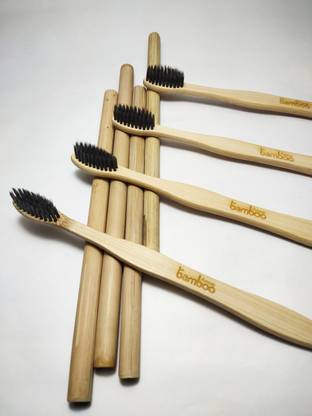 Bamboo Anna Premium Bamboo Toothbrush With Charcoal Bristle With Bamboo Straw (Pack Of 8) Soft Toothbrush