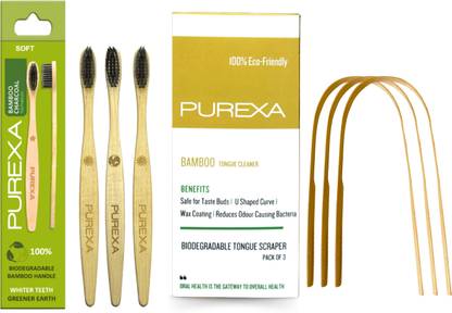PUREXA Bamboo Charcoal Toothbrush With Bamboo Tongue Cleaner Extra Soft Toothbrush