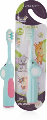 Beebaby Elephant Shape Brush Buddy Soft Tapered Bristles Kids Toothbrush, BPA Free, 36M+ Extra Soft Toothbrush