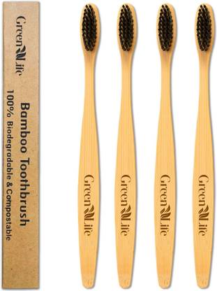 GreenLife Bamboo Charcoal Toothbrush Natural Wooden ECO Friendly Toothbrush with Soft Medium Bristles (Pack of 4) Medium Toothbrush