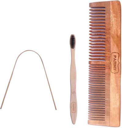Parmy Neem Wood Lily Hair Comb with Bamboo toothbrush and tongue cleaner combo Soft Toothbrush
