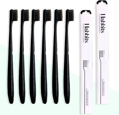 Habbits Toothbrush Biodegradable With Wheatstraw HandleCleansing Bristles - Pack of 6 Soft Toothbrush