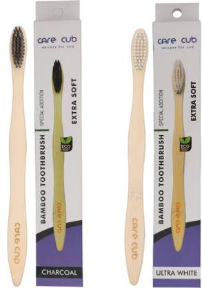 CARE CUB Black & White Charcoal Activated Ultra Soft Bristles Bamboo Toothbrush Extra Soft Toothbrush