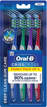 Oral-B Criss Cross - Manual Toothbrush, Family pack of 4 toothbrushes, Soft, For Adults Soft Toothbrush