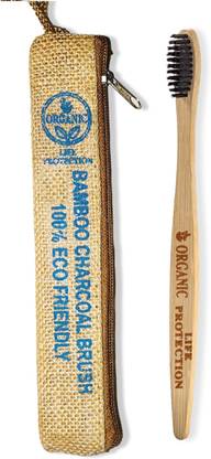 LIFE PROTECTION Organic Bamboo Toothbrush For adults with Charcoal Bristle Soft Toothbrush