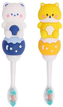 Gomzy Kids Toothbrush -Teddy Shape Design Soft Tooth Brush pack of 2 yellow blue Extra Soft Toothbrush