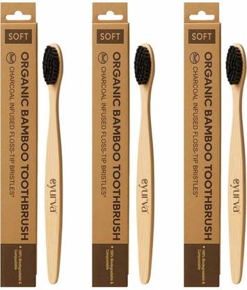 eyurva 3 Pcs organic Bamboo toothbrush | bamboo with charcoal activated bristles Soft Toothbrush