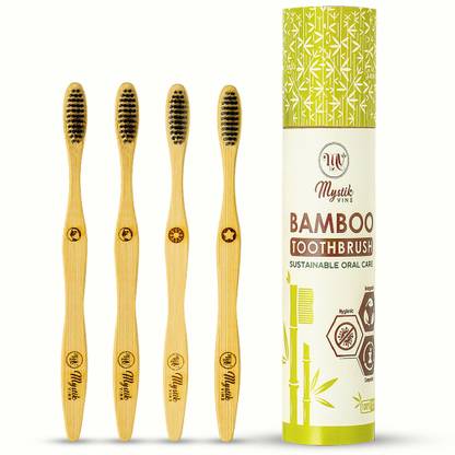 Mystik VINE Bamboo Toothbrush with Charcoal Infused Floss Tip Bristles and 100% Biodegdrable Soft Toothbrush