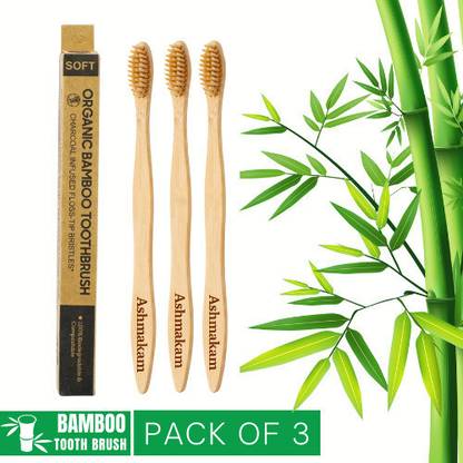 Ashmakam 3 Pcs Eco-Friendly Bamboo Toothbrush Soft Charcoal Bristles BPA-Free Extra Soft Toothbrush