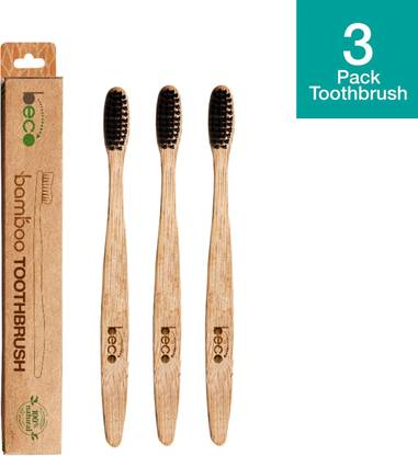 Beco Bamboo Toothbrush with Charcoal Activated Soft Bristles – 100% Eco-friendly – Pack of 3 Medium Toothbrush