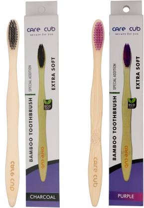 CARE CUB Black & Purple Bamboo Toothbrush with Charcoal Activated Soft Bristles Extra Soft Toothbrush