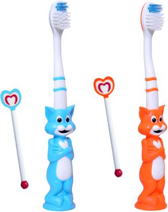 Dots Premium Quality 2PC Soft CoolCat Plastic Toothbrush With Tongue Cleaner For Kids Soft Toothbrush