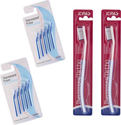 ICPA Proxa Narrow Space Brush - (Pack of 2) and Ortho Brush With Soft Bristles (Pack Of 2) - Combo Pack Soft Toothbrush