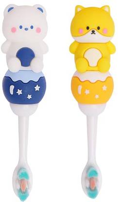 Gomzy Kids Toothbrush -Teddy Shape Design Soft Tooth Brush pack of 2 yellow blue Extra Soft Toothbrush