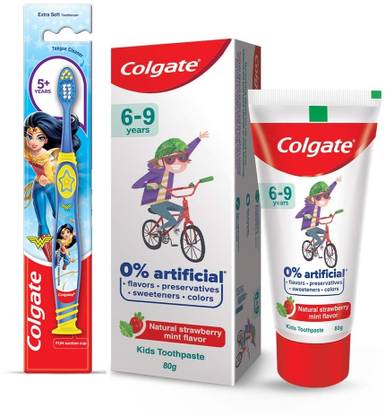 Colgate Kids 6-9yrs Strawberry Mint Toothpaste-80g & 5+Yrs Wonder Woman Toothbrush-1Pc