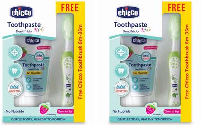 Chicco Combo Toothbrush Green + Tooth Paste Strawberry No Fluoride (6M-6Y) Toothpaste