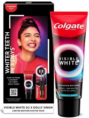 Colgate Visible White O2 Toothpaste 100gm & O2 Toothbrush 2pcs Dolly Singh Limited Pack Toothpaste  (100, Pack of 4) at Rs. 187